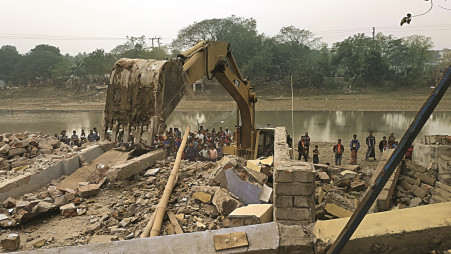 The drive carried out by the Bangladesh Inland Water Transport Authority (BIWTA) to evict illegal structures is a positive approach for sure and worth appraising. This photo depicts an eviction drive at Chuadanga. Photo: TBS