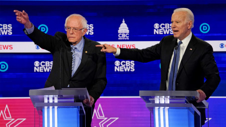Democratic 2020 US presidential candidates Senator Bernie Sanders and former Vice President Joe Biden have an exchange in the tenth Democratic 2020 presidential debate at the Gaillard Center in Charleston, South Carolina, US February 25, 2020/ Reuters