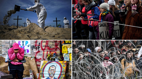 Scenes from 2020’s crises, clockwise from left: Activists in Brazil dig 100 mock graves symbolizing deaths from COVID-19 in Rio de Janeiro on June 11 to protest against Brazil’s governance during the pandemic; the Swedish climate activist Greta Thunberg takes part in a Youth Strike 4 Climate protest march in Brussels on March 6; migrants wait on the Turkish side of the Greece-Turkey border on March 2; and a couple hugs and cries next to a makeshift memorial to George Floyd, near the site where he died in police custody, in Minneapolis on June 6. CARL DE SOUZA/JOHN THYS/SAKIS MITROLIDIS/KEREM YUCEL/AFP VIA GETTY IMAGES