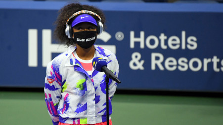 Sep 2, 2020; Flushing Meadows, New York, USA; Naomi Osaka of Japan talks before her match against Camila Giorgi of Italy on day three of the 2020 U.S. Open tennis tournament at USTA Billie Jean King National Tennis Center. Reuters
