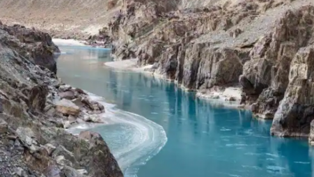 An aerial view of the frozen Phuktal river, which is a tributary of Indus river. Photo: PTI