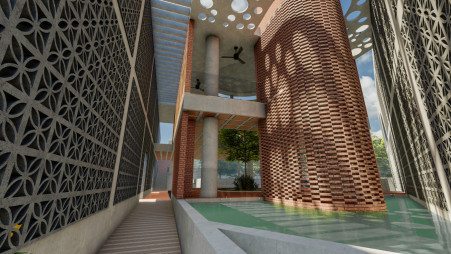 The highly porous form along with the mosque’s perforated envelope allows seasonal wind to flow through the structure as like traditional semi-outdoor courtyard space. Photo: Shahriar Mahmud

