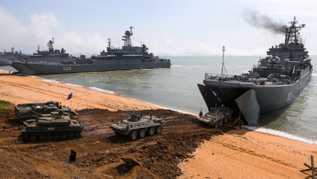 Russian Navy Black Sea Fleet warships and military hardware are seen during an exercise at the Opuk training ground.  Photographer: Sergei Malgavko/TASS/Getty Images/Bloomberg