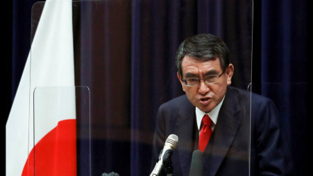 Japan's vaccination programme chief Taro Kono attends a news conference on the country's preparations to begin vaccinating health workers, amid the coronavirus disease (COVID-19) outbreak, in Tokyo, Japan February 16, 2021. REUTERS//File Photo