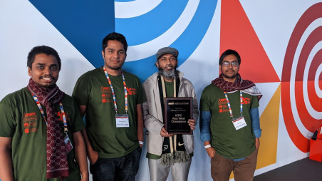Pritom and his teammates in Russia with their coach Sohel Rahman. The team was crowned the Asia West champion in ICPC worlds finals, Moscow 2021. Photo: Courtesy 