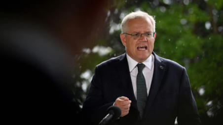 Australia's Prime Minister Scott Morrison speaks to the media during a press conference at Kirribilli House in Sydney, Australia, February 24, 2022. AAP Image/Bianca De Marchi 