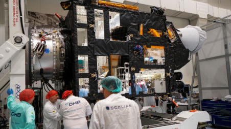 Engineers perform checks on Europe's new MTG-I1 satellite designed to improve weather forecasting at the Thales Alenia Space plant in Cannes, France September 7, 2022. REUTERS/Tim Hepher
