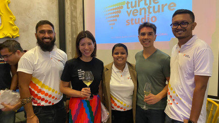 Turtle Venture Studio CEO Saraban Tahura Turin (middle) in an event in Singapore for their global launch in September. Photo: Courtesy