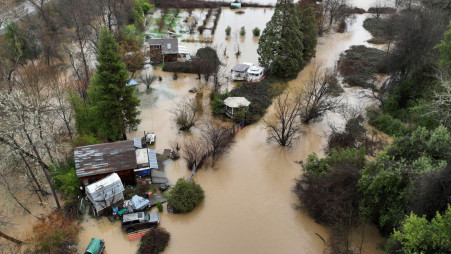 The view from a drone of flooded properties after rainstorms swelled Scotts Creek in Upper Lake, California on 5 January 2023. Photo: REUTERS
