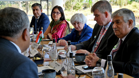 U.S. Treasury Secretary Janet Yellen looks on as she holds a roundtable with India's technology leaders on the sidelines of G20 finance ministers' meeting on the outskirts of Bengaluru, India, February 25, 2023. REUTERS/Samuel Rajkumar