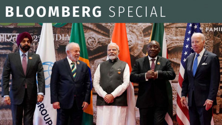 Narendra Modi with Ajay Banga, Luiz Inacio Lula da Silva, Cyril Ramaphosa and Joe Biden.Photographer: Evan Vucci /Pool/AFP/Getty Images/Bloomberg