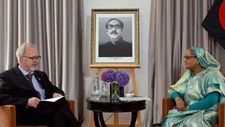 Prime Minister Sheikh Hasina held a meeting with the European Investment Bank President Dr Werner Hoyer recently at her hotel suite in Brussels. Photo: UNB