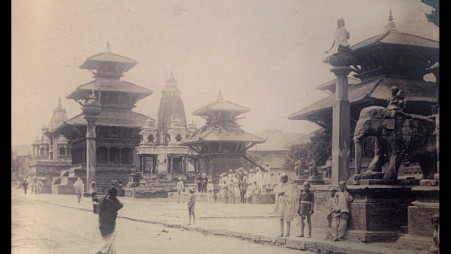 Fig.2. View of the Patan Durbar Square, Lalitpur, looking south. From the left: Krisnhna Mandir Temple (Chayasim Deval), the Taleju Bell, the Harishankar Temple, King Yoga Narendra Malla’s Column, Narasimha Temple, Vishnu Temple, Char Narayan Temple, Garuda statue, the Krishna Mandir and the Vishvanath Temple. Taken by Joseph Gaye, 1888-1892. Albumen Print, 155 x 105 mm. British Library, Photo 1424/3(8).
