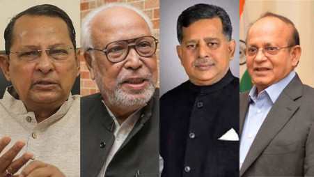 Clockwise: Jatiya Samajtantrik Dal’s Hasanul Haque Inu,  Krishak Sramik Janata League’s Quader Siddiqi, State Minister for Civil Aviation Mahbub Ali, and Jatiya Party (JP) Chairman Anwar Hossain Manju.
