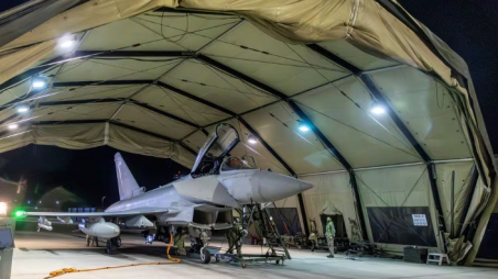 RAF Typhoon aircraft is pictured at RAF Akrotiri following its return after striking military targets in Yemen during the US-led coalition operation, aimed at the Iran-backed Houthi militia that has been targeting international shipping in the Red Sea, in Cyprus, in this handout picture released on January 12, 2024. Sgt Lee Goddard/UK MOD/Handout via REUTERS