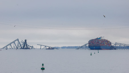 The collapsed Francis Scott Key Bridge is seen from Fort McHenry in Baltimore, Maryland, U.S., March 27, 2024. REUTERS/Julia Nikhinson