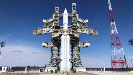 The Angara-A5 rocket is seen on its launchpad at the Vostochny Cosmodrome in the far eastern Amur region, Russia, April 8, 2024. Roscosmos/Handout via REUTERS/ File Photo