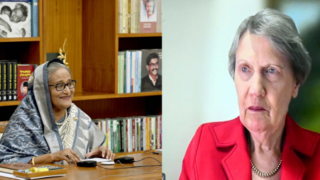 PM at a virtual meeting with Helen Clark, former Prime Minister of New Zealand and Co-chair of the Independent Panel for Pandemic Preparedness and Response, from Ganabhaban here in the city. Photo: PID