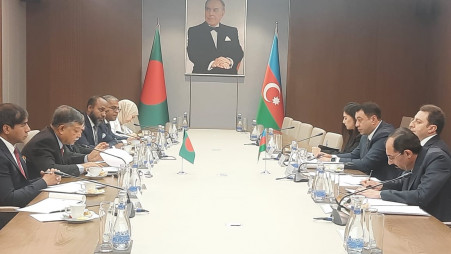 Foreign Secretary Masud Bin Momen and Deputy Minister of Foreign Affairs of Azerbaijan Elnur Mammadov during the first round of Foreign Office Consultations (FOC) between Bangladesh and Azerbaijan was held on 14 June at Baku, Azerbaijan. Photo: UNB