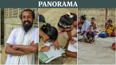 Nazmul Tuhin (left), the sole teacher and director of the school, lives in a small hut next to the school. Children from ethnic minority communities in Netrokona attend the school for free education. Photos: Saqlain Rizve