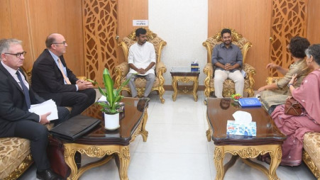 UN High Commissioner for Human Rights led by its Asia-Pacific Region Chief Rory Mungoven paid a joint courtesy call on Information and Broadcasting Adviser Nahid and Youth and Sports Adviser Asif Mahmud Shojib Bhuyain at Secretariat on 25 August 2024. Photo: BSS