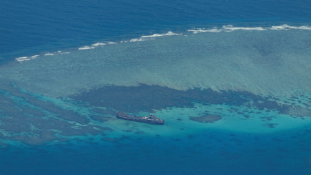 An aerial view shows the BRP Sierra Madre on the contested Second Thomas Shoal, locally known as Ayungin, in the South China Sea, March 9, 2023 Photo: Reuters/File Photo