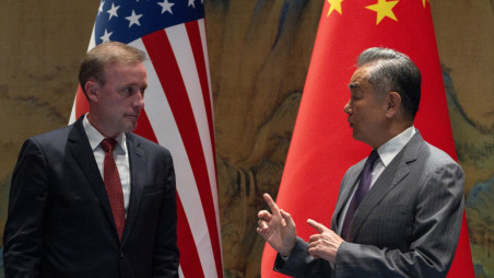 Wang Yi, the director of the Communist Party's Central Foreign Affairs Commission Office gestures near White House National Security Adviser Jake Sullivan before talks at Yanqi Lake in Beijing, China, August 27, 2024. Photo: Ng Han Guan/Pool via REUTERS
