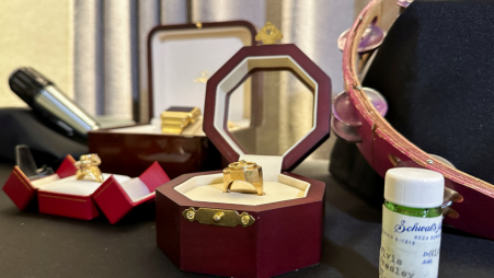 Elvis Presley's jewelry and pill bottle are displayed ahead of Artifacts of Hollywood &amp; Music sale by GWS Auctions, in New York City, New York, U.S. August 26, 2024. REUTERS/Christine Kiernan