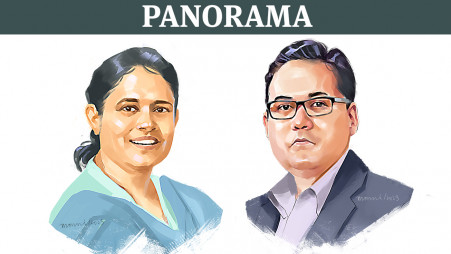 Nazma Akter(Left), President of the Sommilito Garments Sramik Federation and Shams Mahmud(Right)
Managing Director, Shasha Denims and Former President, DCCI. Illustration: TBS

