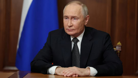 Russian President Vladimir Putin makes a televised address, dedicated to a military conflict in Ukraine and in particular to Russia's launch of a hypersonic intermediate-range ballistic missile attack on a military facility in response to recent Ukrainian long-range strikes with Western weapons, in Moscow, Russia November 21, 2024. Sputnik/Vyacheslav Prokofyev/Pool via REUTERS