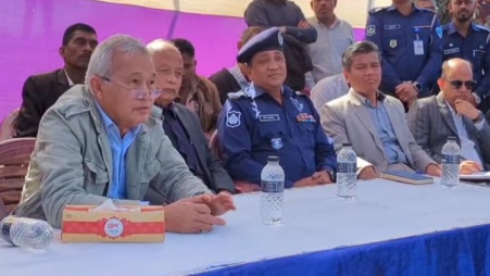 Chittagong Hill Tracts Affairs Adviser Supradip Chakma speaks after visiting arson damaged Tripura houses at Purba Betchhara Para of Sarai Union in Bandarban's Lama upazila on 27 December 2024. Photo: BSS 