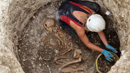 This photo provided by Bournemouth University in January 2025 shows burials being investigated at an Iron Age Celtic cemetery as part of the Durotriges tribe project dig in Dorset, southwest England. (Bournemouth University via AP)