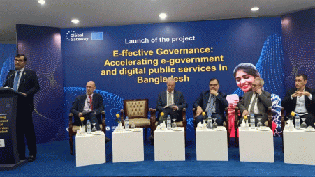 Speakers during the launch of an EU-funded project to digitalise e-Governance in Bangladesh on 27 January. Photo: UNB