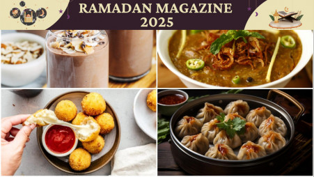 From top-left: Chocolate almond shake, haleem, potato-egg cheese balls, spicy veg momo. Photos: Collected