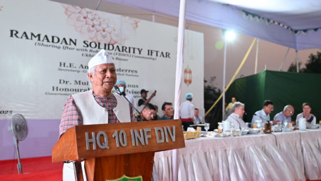 Chief Adviser Muhammad Yunus speaks after joining iftar with one lakh Rohingyas at Camp 20 Extension of Ukhiya in presence of UN Secretary-General Antonio Guterres on 14 March 2025. Photo: CA Press Wing 
