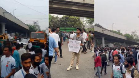 Dhaka Polytechnic Institute students block Saatrasta intersection in the capital’s Tejgaon area on 20 March 2025. Photo: Screengrab