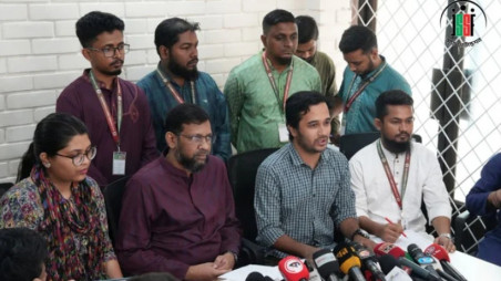The July Shaheed Smriti Foundation CEO of the foundation Mir Mahbubur Rahman Snigdho speaks at a press conference in the capital on 28 March. Photo: July Shaheed Smrity Foundation Facebook
