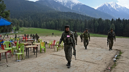 Security personnel inspect the site in the aftermath of the attack in Pahalgam on 23 April 2025. Photo: AFP via Bloomberg