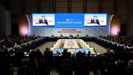 South Korea's Trade Minister Cheong In-kyo speaks during the opening ceremony of APEC Ministers Responsible for Trade Meeting at International Convention Center in Seogwipo on Jeju island, South Korea, May 15, 2025. Photo: REUTERS
