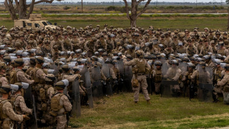 US Marines with 2nd Battalion, 7th Marine Regiment, 1st Marine Division, who were placed in an alert status over the weekend, are briefed by battalion leadership while rehearsing crowd control tactics at a base in the greater Los Angeles area, California, U.S. June 10, 2025. U.S. Marine Corps/Cpl. Logan Courtright/Handout via REUTERS