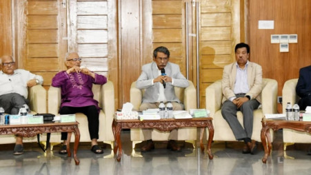 National Consensus Commission Vice-Chair Professor Ali Riaz spoke at a press briefing after the meeting of 14th day of the second phase of reform talks with political parties at the Foreign Service Academy in Dhaka today (15 July). Photo: UNB
 