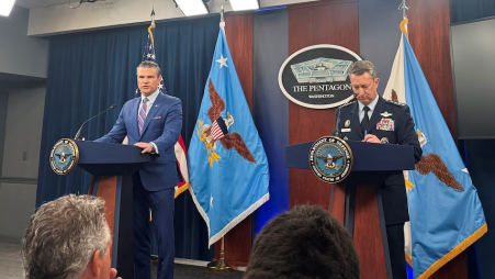 US Defense Secretary Pete Hegseth and Chairman of the Joint Chiefs of Staff Air Force General Dan Caine, speak during a press conference at the Pentagon in Arlington, Virginia, US, June 26, 2025. Photo: REUTERS/Idrees Ali/File Photo