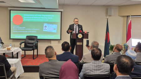 Chief Election Commissioner AMM Nasir Uddin speaks at an even at the Bangladesh High Commission in Canada on 11 September 2025. Photo: Courtesy