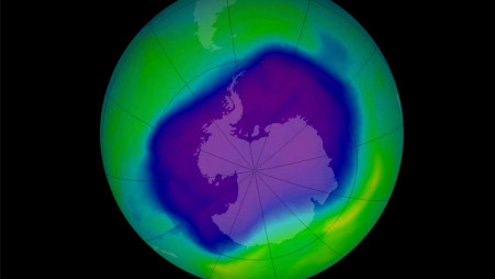 In this Nasa false-colour image, the blue and purple shows the hole in Earth's protective ozone layer over Antarctica on 5 October 2022. File Photo: Collected