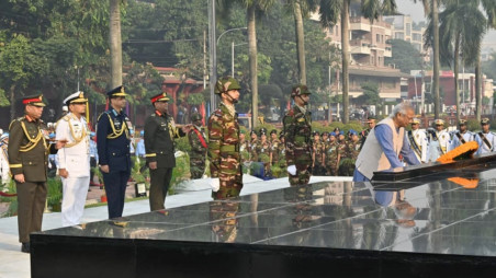 Chief Adviser Professor Muhammad Yunus today paid tribute to the martyrs of the armed forces who made the supreme sacrifice in the 1971 Liberation War. Photo: CA's Press Wing