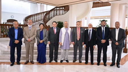 CA Yunus, CEC AMM Nasir Uddin and other election commissioners pose for a photo at State Guest House Jamuna, Dhaka on 7 December 2025. Photo: CA Press Wing