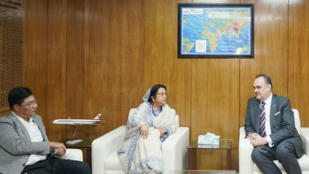 A courtesy meeting held between US Ambassador to Bangladesh Brent T. Christensen and the minister and state minister of the Ministry of Civil Aviation and Tourism at the ministry office today. Photo: TBS 