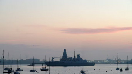The HMS Dragon during ammunitioning operations at Upper Harbour Ammunitioning Facility (UHAF) in Portsmouth Harbour, after British Prime Minister Keir Starmer announced that Britain would deploy the naval vessel, along with helicopters equipped with counter-drone capabilities, to the eastern Mediterranean as the conflict in the Middle East intensifies, in Portsmouth, Britain, 4 March 2026. REUTERS/Carlos Jasso/File Photo