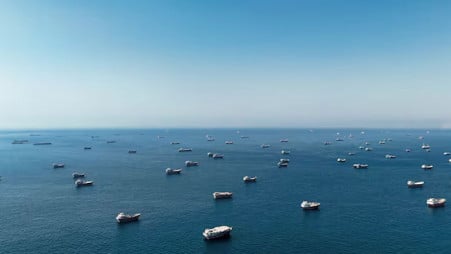 A drone view shows vessels at the Strait of Hormuz, as seen from Musandam, Oman, June 1, 2026. Photo: Reuters