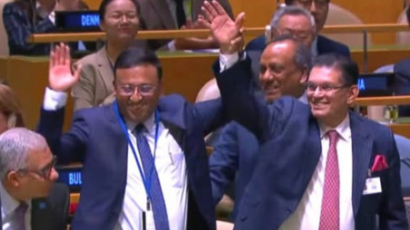 Bangladesh Foreign Minister Khalilur Rahman (R) has been elected president of the 81st session of the UN General Assembly at the UN headquarters in New York on 2 June 2026. Photo: BNP Media Cell